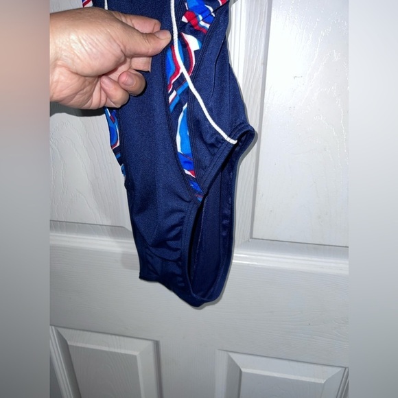 SPEEDO Racing Racer back Womens Bathing Suit Swimsuit Navy Blue White - Picture 4 of 8